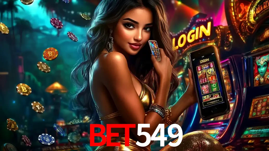 Mulher em um cenário de cassino temático de aventura, mostrando o app de caça-níqueis da bet549 no celular. Fichas de apostas flutuam ao redor.