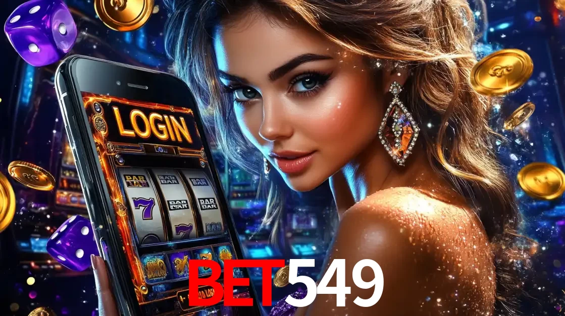 Mulher glamorosa segurando um smartphone com a tela de login para os jogos de caça-níqueis do cassino online bet549, com moedas de ouro e dados ao redor.