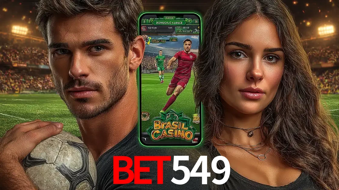 Homem segurando uma bola de futebol e uma mulher ao lado de um smartphone exibindo o jogo de apostas esportivas da bet549. Faça seu palpite no cassino online.